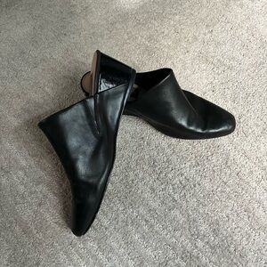 Donna Karan Black Leather Wedge Mules with patent leather heel